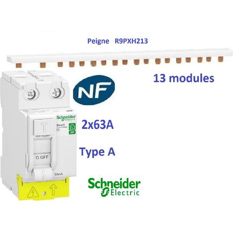Interrupteur différentiel Resi9 xp 2P 63A 30ma type A + Peigne 13 M - Schneider R9PRA263+R9PXH213