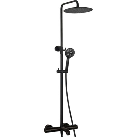 Colonne de douche thermostatique noir mat – Mitigeur anti-brûlure – Débit 12L/min – Pomme de tête 25cm – Douchette 3 jets – Flexible 200cm (1/4)
