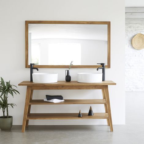 Berah Getah – Miroir rectangulaire en teck massif 145x80 cm – Accroches pour fixation verticale/horizontale – Idéal salle de bain zen