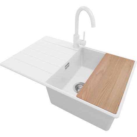 PRIMAGRAN Evier Cuisine en Granit 78x50cm, Lavabo 1 bac + Robinet 32x20cm + Kit de Vidage + Accessoire, Évier à Encastrer au meuble 50cm - Copenhague, Blanc (1/5)