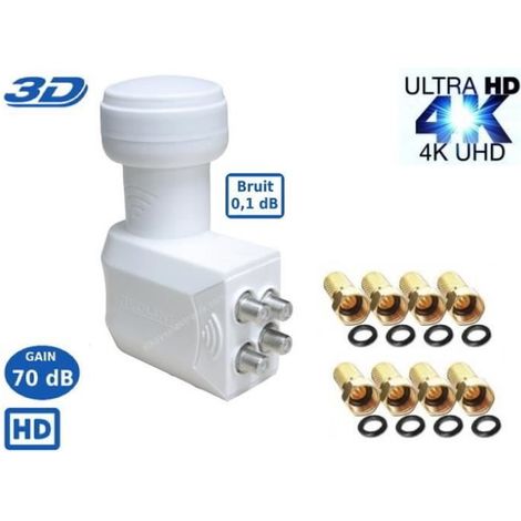 LNB Quad SR-4088 0.1dB High Gain 70 DB  - Tête Parabole Universelle Compatible Full HD 4K TNTSATCanal+ Astra et FRANSAT+8 fiches F