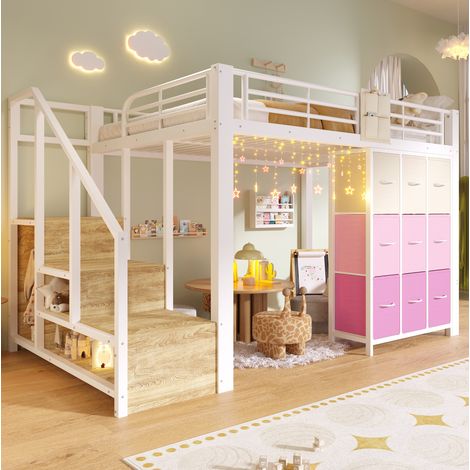 Cama dormitorio con almacenamiento escalera alta blanca OKMYHOME (1/5)