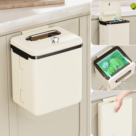 Poubelle Suspendue Cuisine avec Couvercle,9 L Poubelle de Pliable Anti Odeur,Compost Murale pour Salle de Bain,Camping,Bureau,sous Evier,Blanc Crème (1/5)