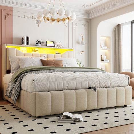 Lit double adulte 180x200 cm en tissu beige, avec rangement pour chambre, sans matelas FloraGrace (1/5)