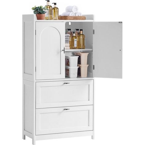 Yaheetech Meuble de Salle de Bain sur Pied Armoire de Rangement en Bois Commode avec Portes 2 Tiroirs Étagère Modulable Meuble Compact pour Salon Cuisine Couloir Blanc (1/5)