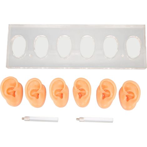 Lot de 6 oreilles en silicone souple, modèle imperméable simulé pour accessoires d'aide auditive, avec présentoir acrylique.