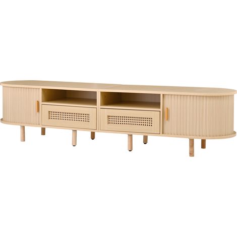 Meuble TV ovale 1704040 cm avec 2 tiroirs au design rotin, 2 portes coulissantes, meuble bas et table TV jusqu'à 70 pouces, meuble TV et commode TV, couleur bois (1/5)