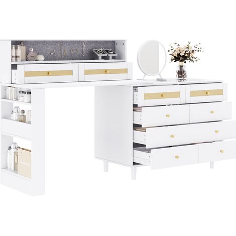 Tocador con espejo y joyero de MDF, 10 cajones y vidrio templado, blanco, MODENUIT (1/5)
