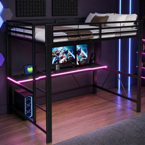 Letto a soppalco gaming 140 x 200 cm con scrivania, LED e ricarica USB nero DESVIAE (1/5)
