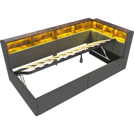 Letto banquette 90 x 200 cm con contenitore, LED multicolore, USB e USB-C, grigio, HOMVRA (1/5)