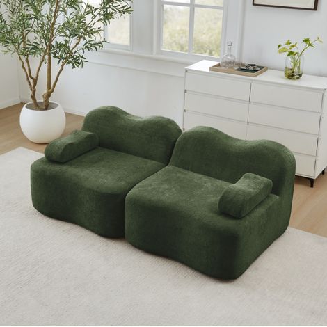 Canapé droit 2 places en velours vert, Canapé en forme vague modulaire, assise profonde, sans montage,192x98x70cm, pour petits espaces (1/5)