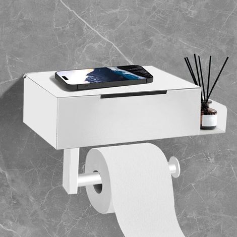 Porte-rouleau de papier toilette sans perçage avec étagère intégrée – Blanc, design moderne et fixation sécurisée sur carrelage ou miroir (1/4)