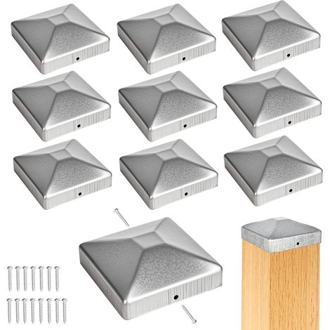 Lot de 10 capuchons de poteaux de 9 x 9 cm - En acier galvanisé avec 20 vis - Capuchons de poteaux de clôture pyramide - Capuchons de poteaux en acier inoxydable - Capuchons pour poteaux en bois (1/5)