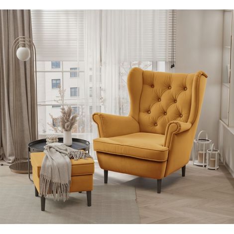 Sessel Ohrensessel NINON inkl. Hocker in Stoff Trinity Honiggelb