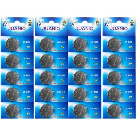 Lot de 20 Piles bouton plates lithium 3V type CR2450/CR 2450 compatibles DL2450 ECR2450 BR2450 Juanio - (1/2)