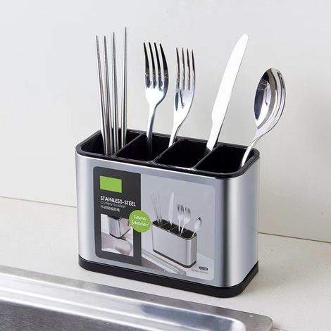 Rangement à couverts en inox 18x8.6x13 cm, support pour baguettes et cuillères avec égouttoir, gain de place dans la cuisine (1/5)
