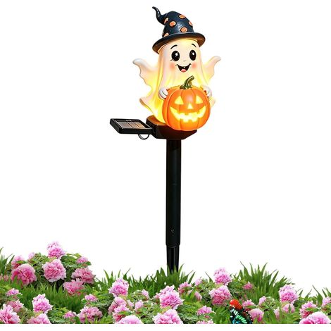 Solar Halloween Lights - Ghost Pumpkin Resin Sculpture, Waterproof Stake (1/5)