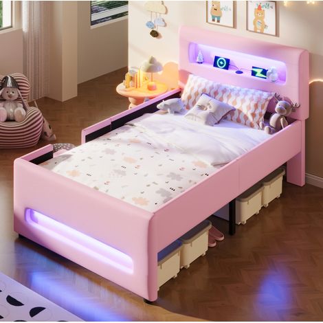 DESVIAE Lit plateforme rembourré avec rangement et LED 90 x 200 cm rose MDF PU (1/5)