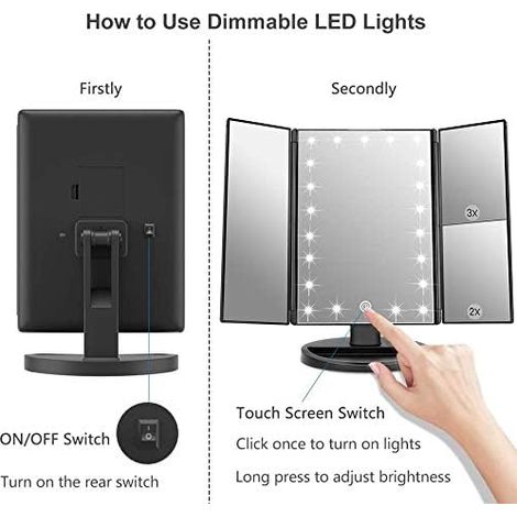 Miroir de Maquillage Lumineux, 1x / 2X / 3X Grossissement, Miroir à Trois Plis avec 21 Lumières LED, Interrupteur à Écran Tactile, Miroir de Table avec Batterie et USB Disponibles (Noir) (1/4)