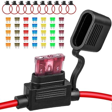 Lot de 10 porte-fusibles en ligne 12 V, 12 AWG, étanches, avec 35 fusibles automobiles standard (5 A/7,5 A/10 A/15 A/20 A/30 A/40 A) (1/5)