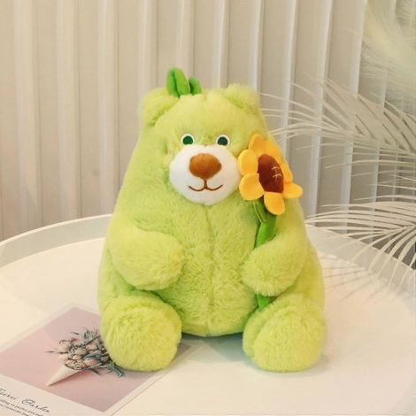 Grünes Bären-Plüschkissen mit Sonnenblume, weiches und niedliches Plüschtier für Mädchen und Jungen, ideales Geschenk zum Valentinstag und zu Weihnachten, 24 cm. (1/5)