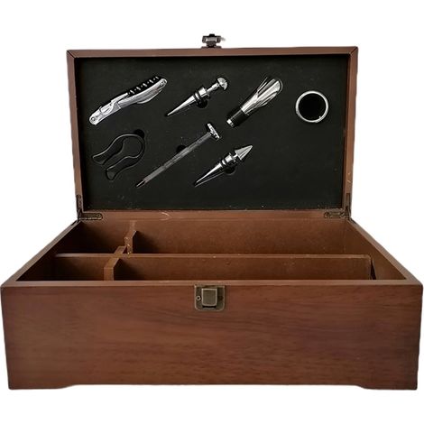 Scatola regalo legno per 2 bottiglie vino cava tappo accessori sommelier versatore termometro taglia lamina anello salvagoccie (1/5)