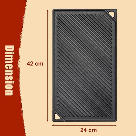 Plaque de cuisson en fonte - 42 x 24 cm - Antiadhésive - Réversible - Pour barbecue à gaz, four, barbecue d'extérieur ou feu de camp (1/4)