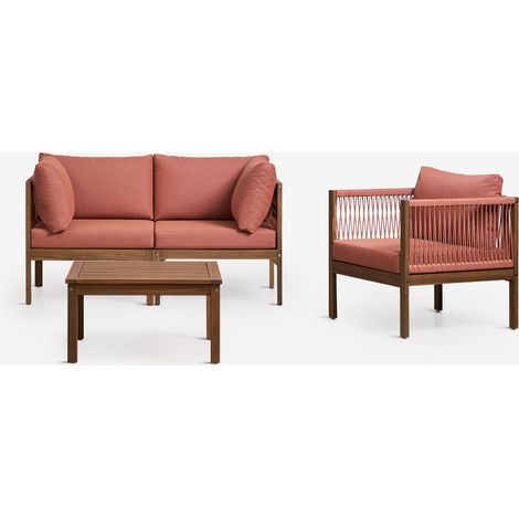 SKLUM Gartenset mit 2-teiliger modularer Sofaeinheit mit Armlehnen, Sessel und Couchtisch aus Akazienholz Branson Terrakotta – Akazienbraun                                  