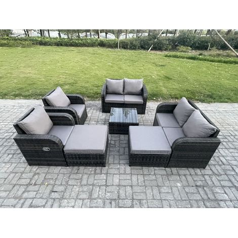 Fimous 8 places Dossier haut Salon de jardin avec Table basse carrée 2 Grand tabourets Canapé d'amour Chaise inclinable Ensemble de canapés en rotin Gris foncé mixte (1/5)