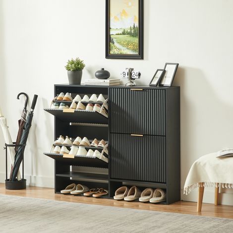 Scarpiera 120x24x102 cm, con ante a ribalta, ripiano regolabile, vano aperto, MDF, nera (1/5)