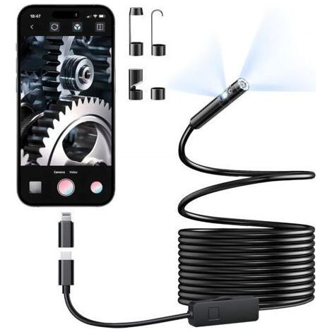Doppelobjektiv-Endoskopkamera mit Beleuchtung, 1920P HD-Endoskop mit 8+1 einstellbaren LEDs, IP67 wasserdicht, 5 m halbstarres Schlangenkabel, für iPhone, iPad und Android (Typ C) (1/5)