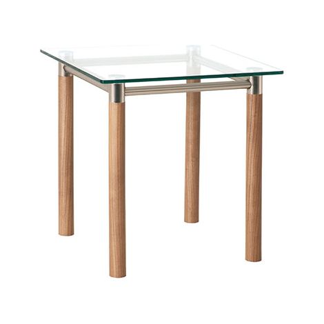 Table d'appoint carrée 42x43 cm avec plateau en verre et pieds marron