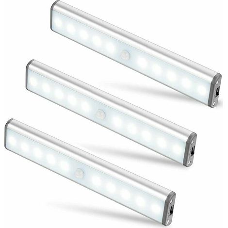 Juego de 3 lámparas LED de 10 LED, inalámbricas, recargables por USB, magnéticas, con sensor de movimiento, 2 modos de iluminación, portátiles. Luz de armario, lámpara de emergencia, luz nocturna infa