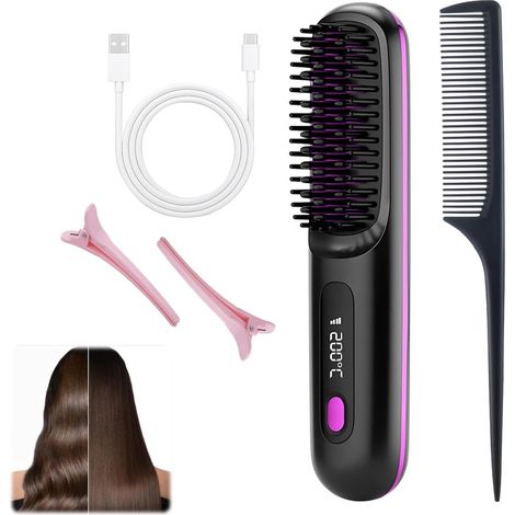 Brosse Chauffante Sans Fil, Peigne Chauffant Lissante Portable avec Ions Négatifs pour Cheveux Courts et Longs, Mini Lisseur Céramique Anti-Brûlure pour Voyage et Domicile, Noir, 1 Pièce (1/5)