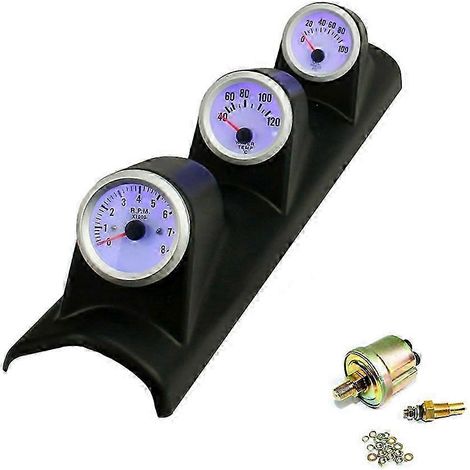 Le kit de trois manomètres de 52 mm comprend un tachymètre, un indicateur de température d'eau et un manomètre de pression d'huile avec capteurs, le tout intégré dans une seule unité sur le côté gauch (1/5)