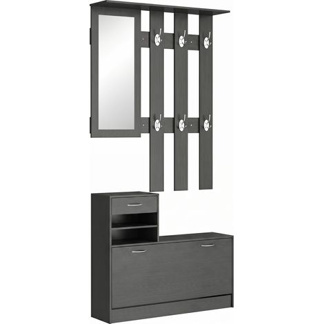 Mobile d'Entrée Porte-Manteau avec Etagère à Chaussures et Miroir, en Aggloméré, 90x10x102 cm, Noir (1/5)