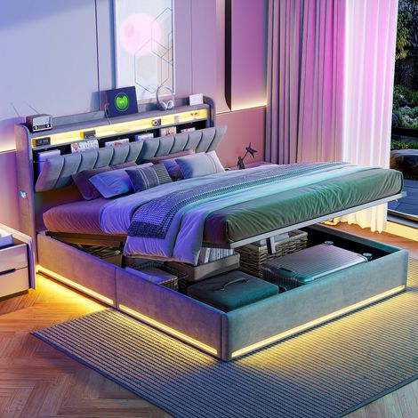 Cama Canapé 140x200 cm de Terciopelo con LED y USB, Estructura Hidráulica con Cabecero de Almacenaje, Somier de Láminas Incluido - Gris