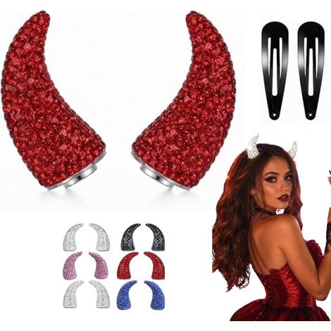 Irovami Pinces cheveux cornes diable – strass, magnétiques, lot 2 paires, Halloween (1/5)