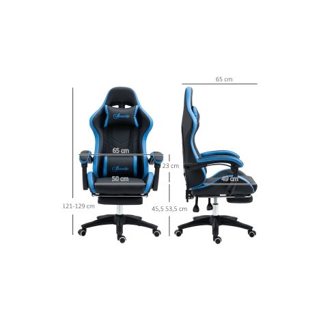 Fauteuil gaming réglable en hauteur avec coussin lombaire & appui-tête, accoudoirs réglables, fonction inclinable jusqu'à 120 kg, Bleu Noir (1/5)