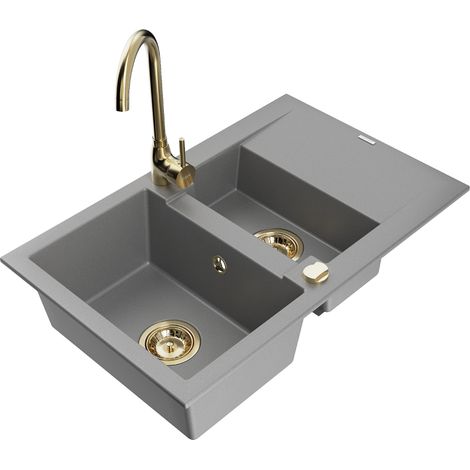 Mexen Gaspar évier en granit 1,5 bac avec égouttoir et robinet Telma, gris - 6507-71-670200-50 (1/5)