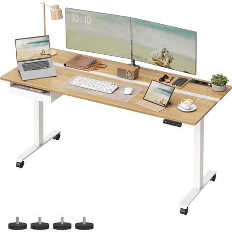Bureau électrique réglable en hauteur bureau assis-debout surface 60 x 120 cm réglable en continu fonction mémoire de 4 hauteurs marron rustique et noir (1/5)