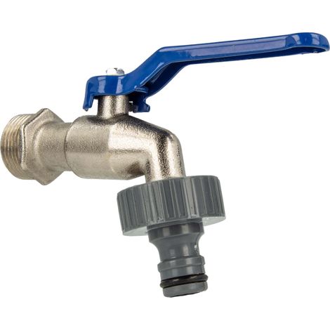 tecuro Kugelauslaufventil 3/4 Zoll mit passender Steckkupplung, Teflonband und Stahlhebel in blau, Messing vernickelt (1/5)