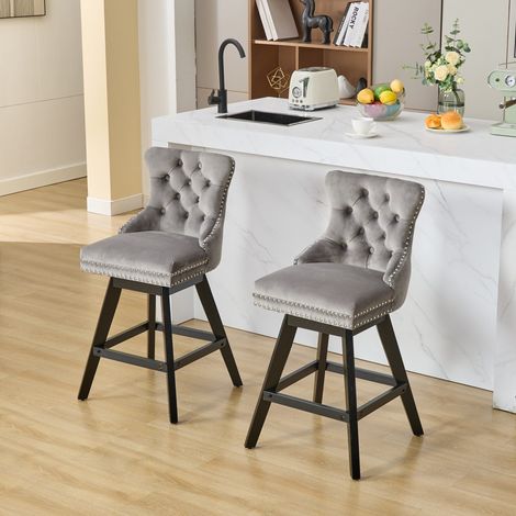 Lote de 2 taburetes de bar giratorios - 55 x 44,5 x 97,5 cm - patas de madera y ribete con tachuelas cromadas - terciopelo gris