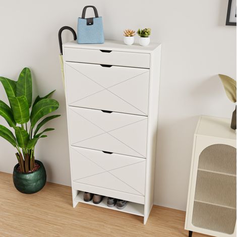 Schuhschrank 3 Klappen weiß aus MDF mit ausziehbarer Ablage, geräuschloser Schublade und Stauraum (1/5)