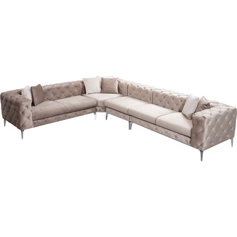 Canapé d'angle gauche capitonné velours crème et pieds chromés Herakles 270cm (1/5)