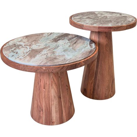 Lot de 2 tables d'appoint rondes en marbre et acacia (1/3)