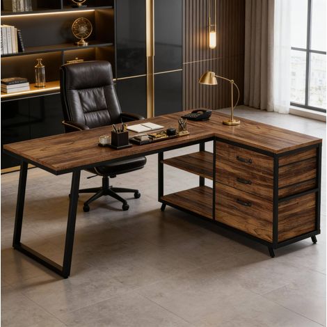 Scrivania angolare 135x100x75 cm in legno e metallo marrone con contenitore FloraGrace (1/5)