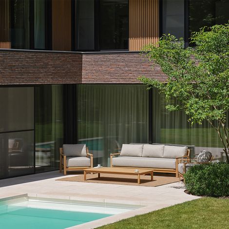 Salon de jardin bas en teck avec coussins gris chiné 5 personnes (1/5)