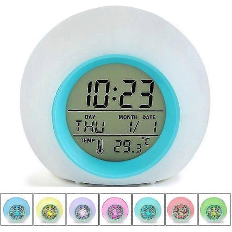 Réveil lumineux LED avec affichage de la température, disponible en 7 couleurs, design adapté aux enfants, décoration élégante pour table de chevet.