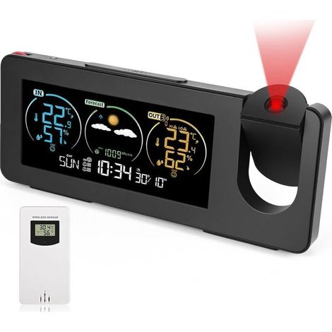 Station météorologique sans fil avec capteur extérieur, écran LCD, prévisions météorologiques,température,réveil avec fonction de répétition, station météo avec projection, pour intér (1/4)